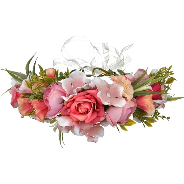 wonima44 Women Floral Crown Boho Flower Headband Hair Wreath Floral Halo Headpiece with Ribbon Wedding Party Photos Rosy