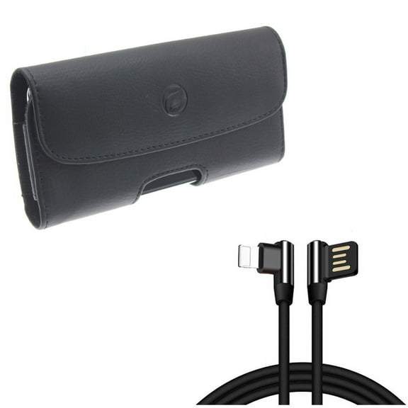 10ft Angle USB Cable w Leather Case Belt Clip for iPhone XS Max/8 PLUS/7 Plus/6S Plus/6 Plus - Charger Cord Power Wire Sync 90 Degree and Holster Cover Loops Pouch Carry