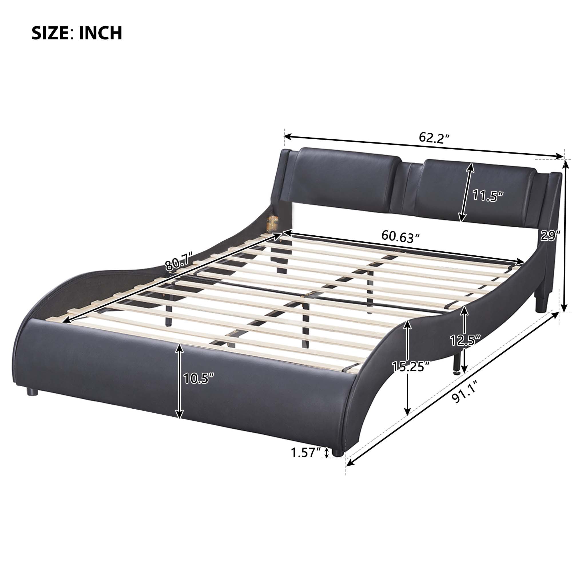 Aukfa Faux Leather Queen Upholstered LED Platform Bed Frame with Headboard, 16 LED Light Bed - Black