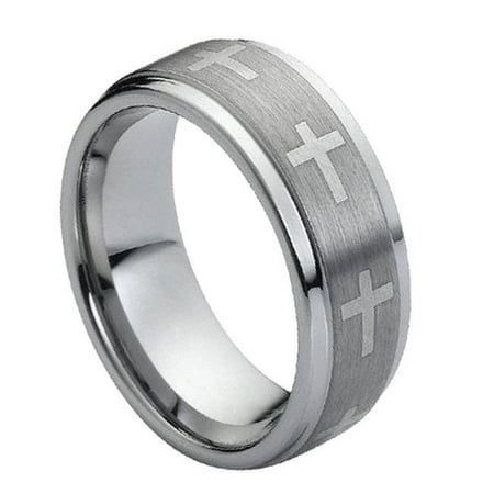 Laser Engraved Crosses - TK Rings 149TR-9mmx5.5 9 mm Flat Laser Engraved Crosses on Brushed Center Tungsten Ring - Size 5.5