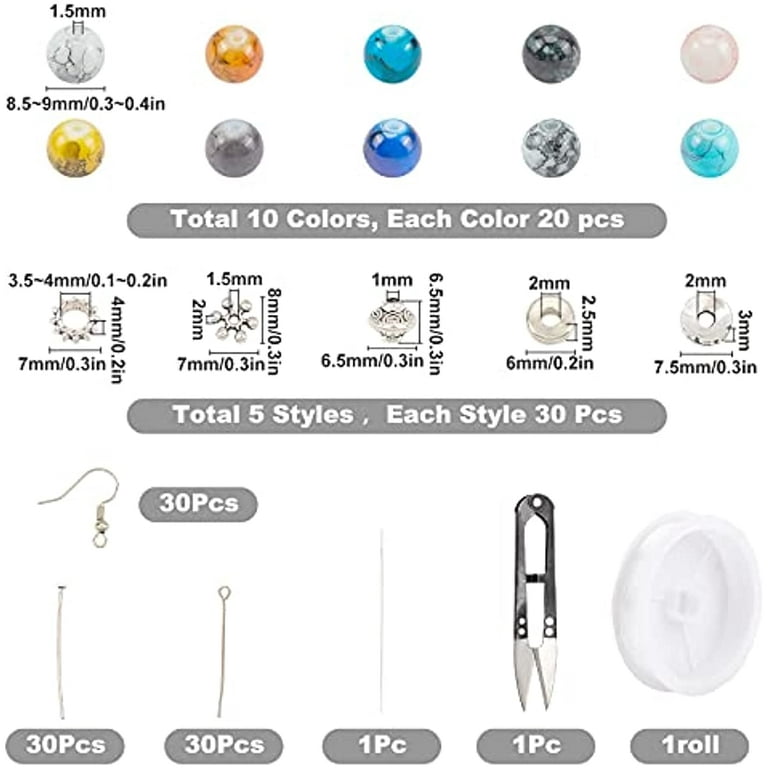 NOBRAND 1 Box 200pcs 10 Colors 8mm Glass Beads Jewellery Making Kit 150pcs Alloy Loose Spacer Bead with Beading Needle Earring Hooks Elastic Thread & Steel