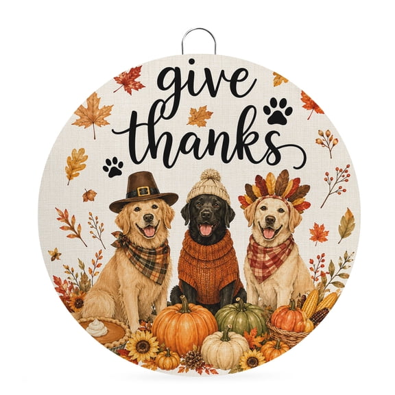 Welcome Sign for Front Door, Thanksgiving Dogs Round Metal Wall Art Wreaths, Fall Orange Green Pumpkin Maple Leaves Outdoor Indoor Wall Hanging Sign for Porch Decor Housewarming Gifts 7.9 Inch