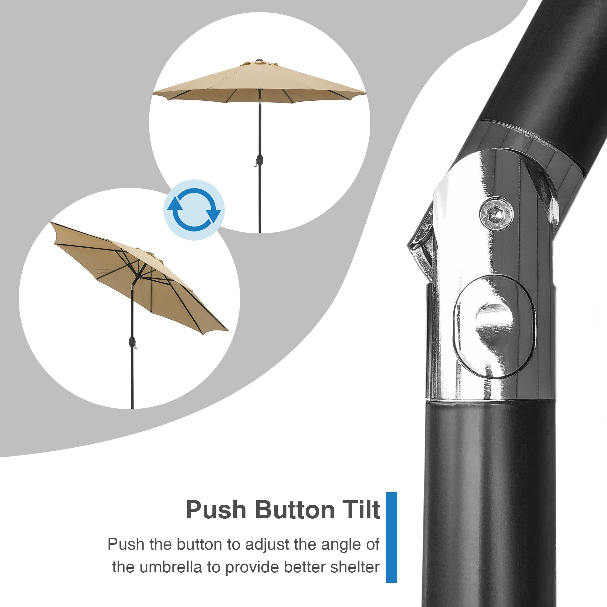 Kool 10FT Outdoor Patio Umbrella with Push Button Tilt and Crank Handle, Market Umbrella with 8 Sturdy Umbrella Ribs, Tan