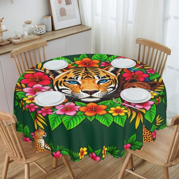 Tiger Surrounded By Tropical Round Tablecloth Waterproof Table Cloth Stain and Wrinkle Resistant Washable, Decorative Fabric Table Cover for Dining, Party and Camping