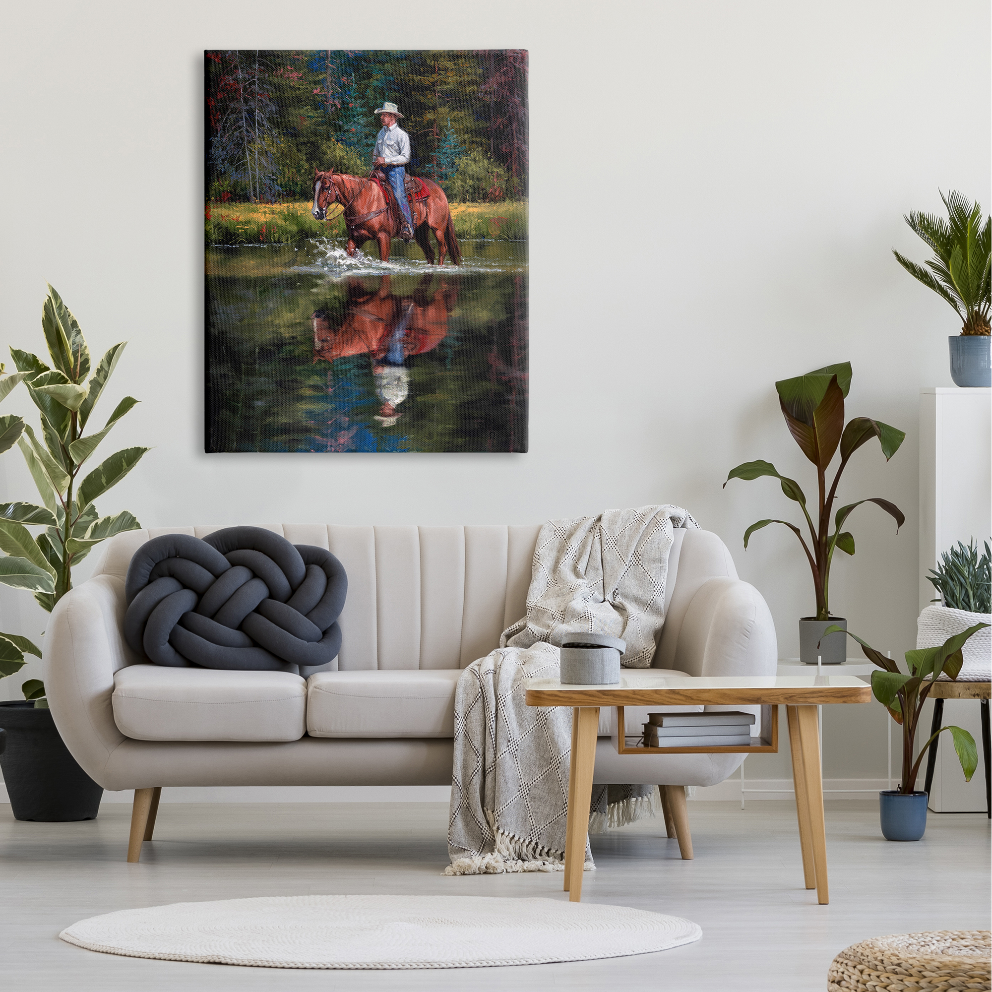 Stupell Industries Cowboy Riding Horse Wild West Shallow River Woodland,36 x 48, Design by Jack Sorenson