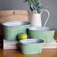 thumbnail image 2 of French Country Style Oblong Cache Pot Planters, Set of 3, Distressed Pale Green Finish with Terracotta Undertones, Galvanized Zinc, Corrugated Details, 10.5, 9, and 7.5 Inches Long, 2 of 7