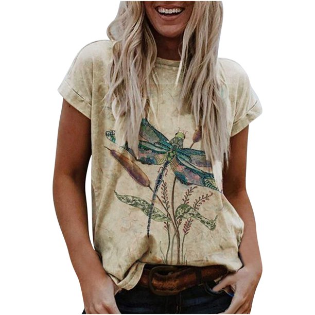 Mujeres Fahion Estampado floral Camisas casuales Cuello redondo Manga corta Camisetas casuales Cuello Blusa Túnica Tops Pompotops hkajfhjk458495