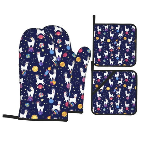 

Oven Mitts and Pot Holders 4 Piece Cute Alpaca Starry Sky Planet High Heat Slip Resistant Oven Mitt and Trivets Set Kitchen Oven Glove Pot Holders for Cooking Baking Grilling