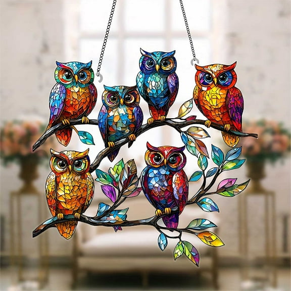 HaoXun Cute Owl Acrylic Hanging Pendant with Chain - Window & Door Decoration, Modern Home Gift for Birthdays, Christmas | Flower Series Animal Bird Design