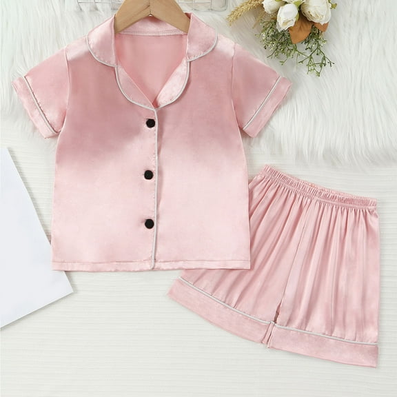 ATOGUTA Boys' Girls' Pajama Sets 1T-8 Casual Button Down Short Sleeve Shirts And Shorts Outfits Stain Homewear Pink