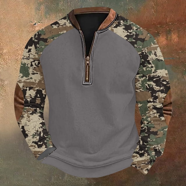 Blusas y camisas de manga larga con cuello redondo para hombre, talla grande, media cremallera, cuello redondo, estampado vintage de camuflaje, blusa de poliéster de manga larga para hombre