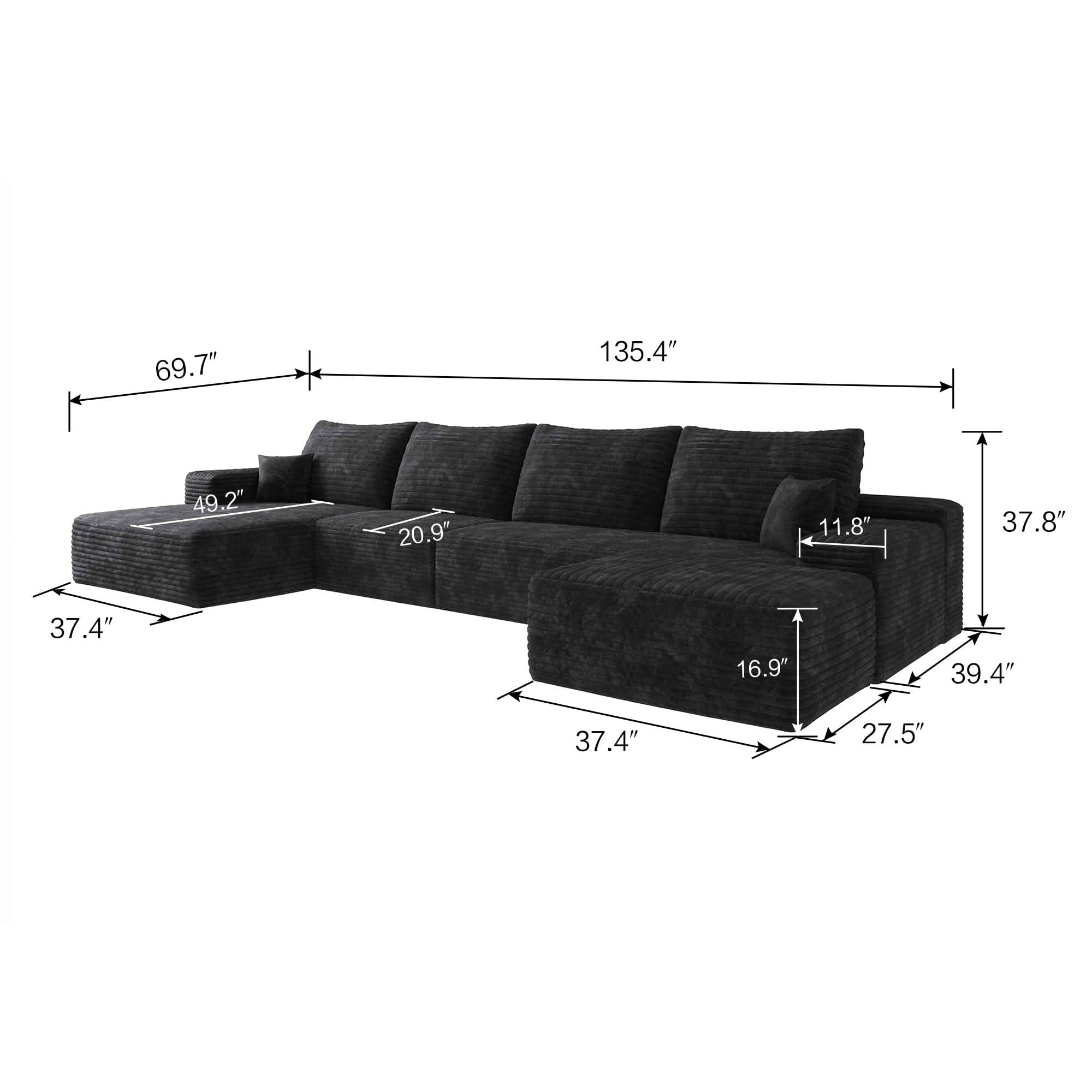 MAYEERTY 135" Cloud Sectional Sofa with Ottoman, U Shaped Deep Seat Couch, Plush Corduroy Fabric, No Assembly Required, Black