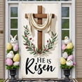 thumbnail image 7 of Wooden Crucifix Resurrection Banner White Fabric Easter Display Green Leaves Red Berries Christian Backdrop for Easter Celebration Church Events Religious Gatherings, 7 of 7