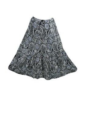 Mogul Women's Long Skirt Paisley Print Crinkle Black Maxi Skirts