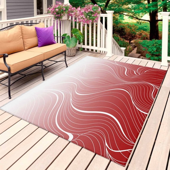 Red Geometric Outdoor Rug 5x8 Ft, Non Slip Washable Area Rug, Modern White Stripe Abstract Distortion Art Patio Rugs Carpet Runner, Large Floor Mat for Indoor/Outdoor Deck Porch Camping