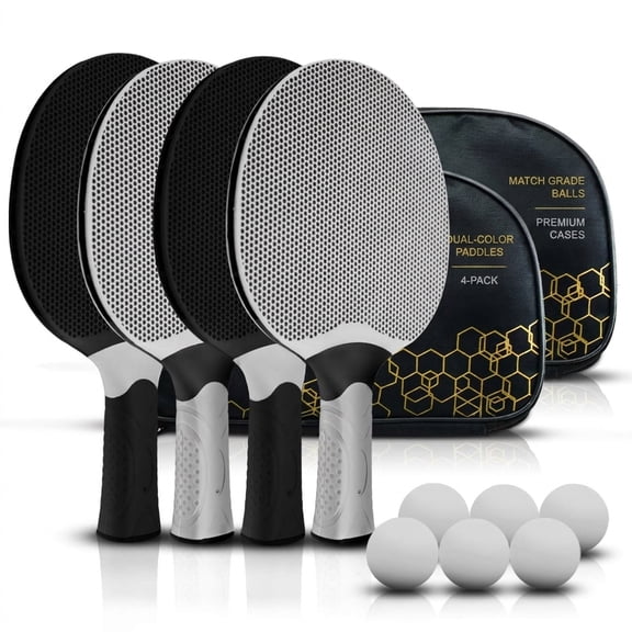 Black&White 4-Player Professional Table Tennis Racket Set for Indoor Outdoor Games