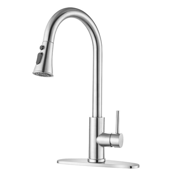 Brushed Nickel Pull-Down Kitchen Faucet, Single Hole Deck Mount, Stainless Steel Sprayer | 360° rotating spout, 3 modes, 23.62" extendable hose, lead-free stainless, easy installation
