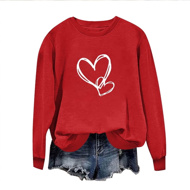 Penkiiy Chandail de la Saint-Valentin pour Femmes : T-Shirts de la Saint-Valentin avec Cœur Graphique, Cadeaux de la Saint-Valentin, Manches Longues, 2TG Rouge