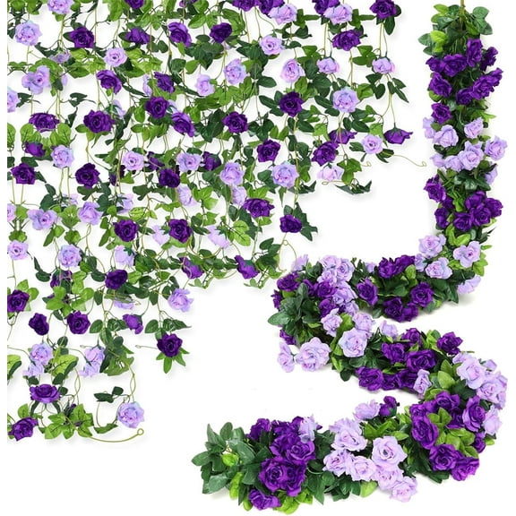 Triani 5 Pcs Artificial Rose Vine Fake Flowers Garland Hanging Silk Rose Ivy Plants Vine 7.87Ft ual Tone Purple Silk Flower Vines for Birthday Christmas Wall Arch Decor (Purple)