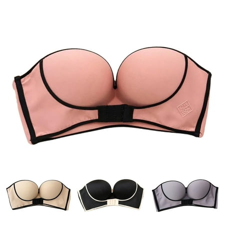 

rygai Strapless Bra Gathered Stretchy Women Wire Free Push Up Front Buckle Brassiere for Daily Wear Black 75AB