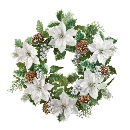 Holly Wreaths White Poinsettias with Pinecones & Silver Holly Winter Wreath - Seasonal Home Decoration for Indoor/Outdoor, Silver ()