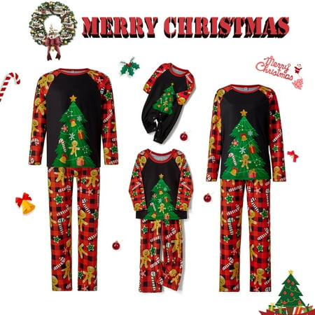 

Christmas Family Matching Pajamas Sets Xmas Tree Print Raglan Tops Plaid Pants Sleepwear Holiday Loungewear Jammies Pjs Outfit