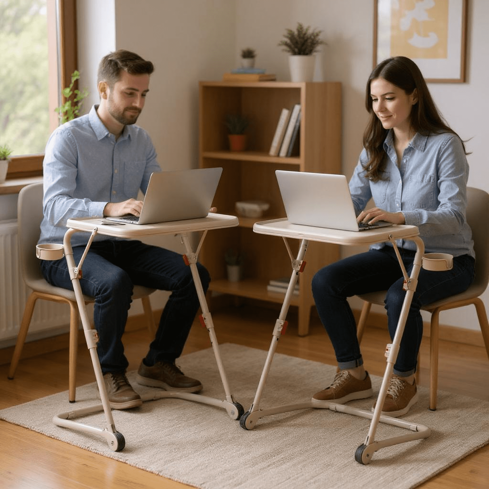 Homy Casa Folding TV Tray Table with Cup Holder, Adjustable Snack Table for Bed, Sofa, Couch, Beige