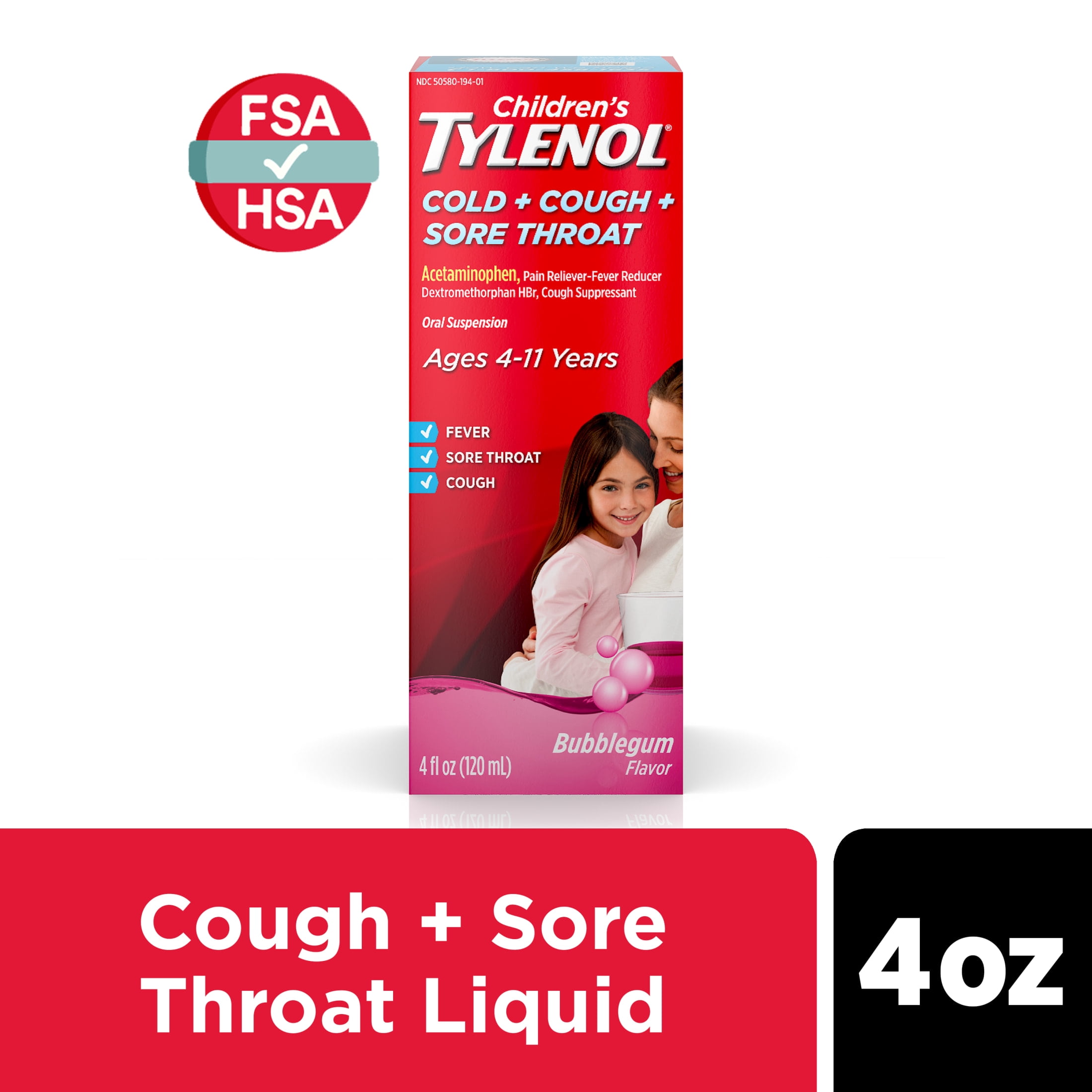 Children's Tylenol Cold, Cough, and Sore Throat, Bubblegum, 4 fl. oz