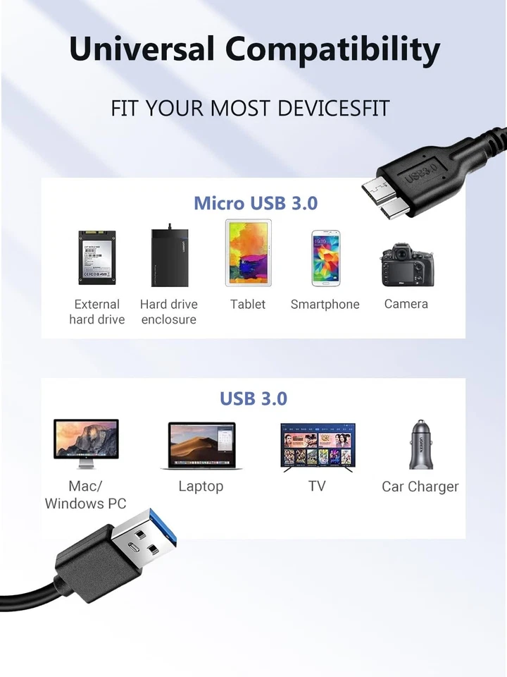 CRESTIN- Micro Usb 3.0 Cable 1 Ft, Type A Male To B, For External Hard...