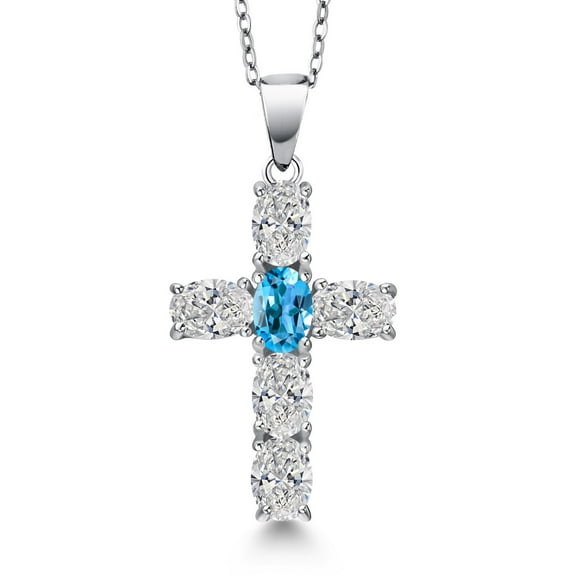 Gem Stone King 925 Sterling Silver Lab Grown Diamond and Swiss Blue Topaz Cross Pendant Necklace for Women | 2.55 Cttw | Gemstone April Birthstone | Oval 6X4MM | With 18 inch Chain