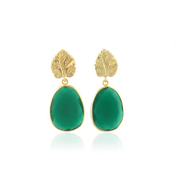 Green Quartz Gemstone With Gold-plated Leaf Earring For Women's, Gift For Her