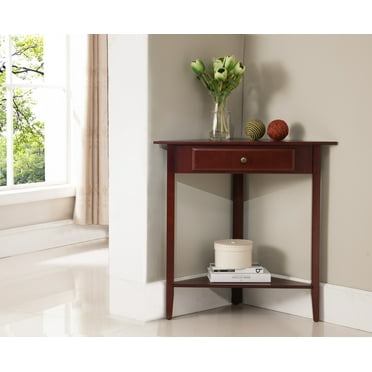 Walnut Wood Corner Accent Side End Plant Stand Display Table With Storage Drawer & Shelf