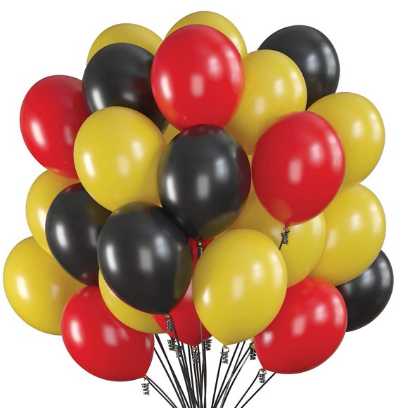Prextex Ballons de Fête 75, Ballons Noirs, Rouges et Jaunes de 12 Pouces avec Ruban pour Décoration de Fête à Thème Couleur Noir Rouge Jaune, Shower de Bébé, Enterrement de Vie de Jeune Fille, Fournitures pour Fêtes d'Anniversaire, Helium Q