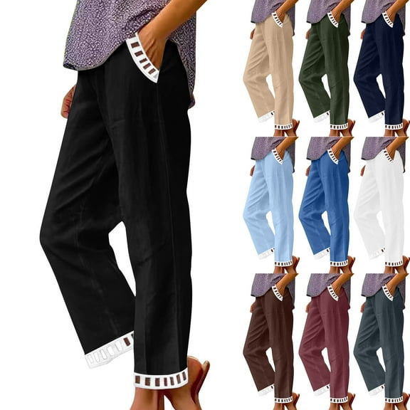 Frostluinai Cotton Linen Pants for Women Elastic Waist Lace Straight Leg Pants Solid Casual Baggy Wide Leg Pants Beach Vacation Pants with Pockets