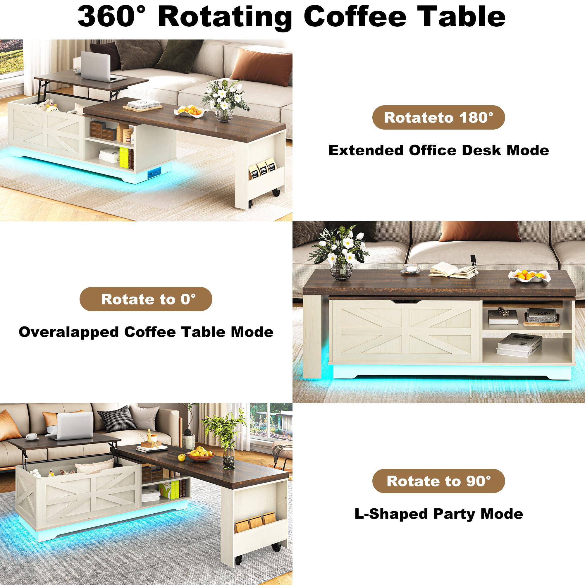 ANPOO 90°/180° Rotating Lift Top Coffee Table W/ LED Lights & Power Outlets, 57"-90" Extendable Farmhouse Coffee Table with Hidden Storage, L-Shaped Coffee Table for Living Room, Vintage White