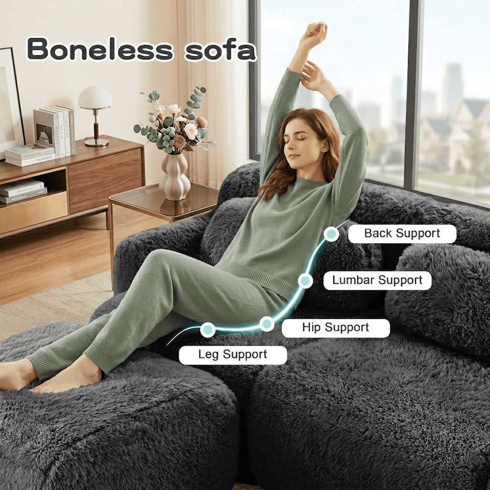 Xiweot 115" L Shaped Sectional Sofa, Boneless Compression Cloud Couch with Ottoman, Modular High Density Foam Sofa, Fluffy Faux Fur Deep Seat Couch, No Assembly Living Room Furniture for Apartment