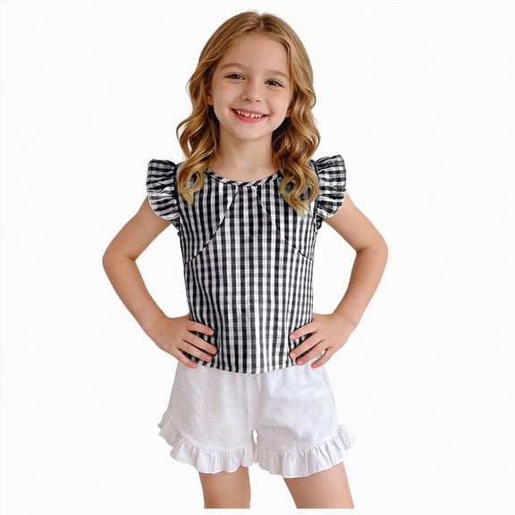 Xyant Toddler Baby Girl Summer Clothes Ruffle Sleeve Tops Plaid Linen Shorts Spring Infant Girl Outfits Sets (Black,18-24 Months)