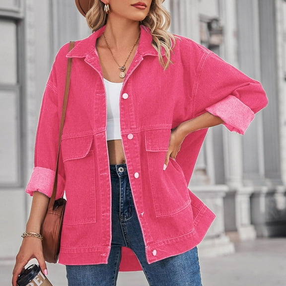 Loose Denim Jacket for Women Fashion Basic Button Up Open Front Trendy Jacket Coat with Pockets Outerwear (XL, Pink)