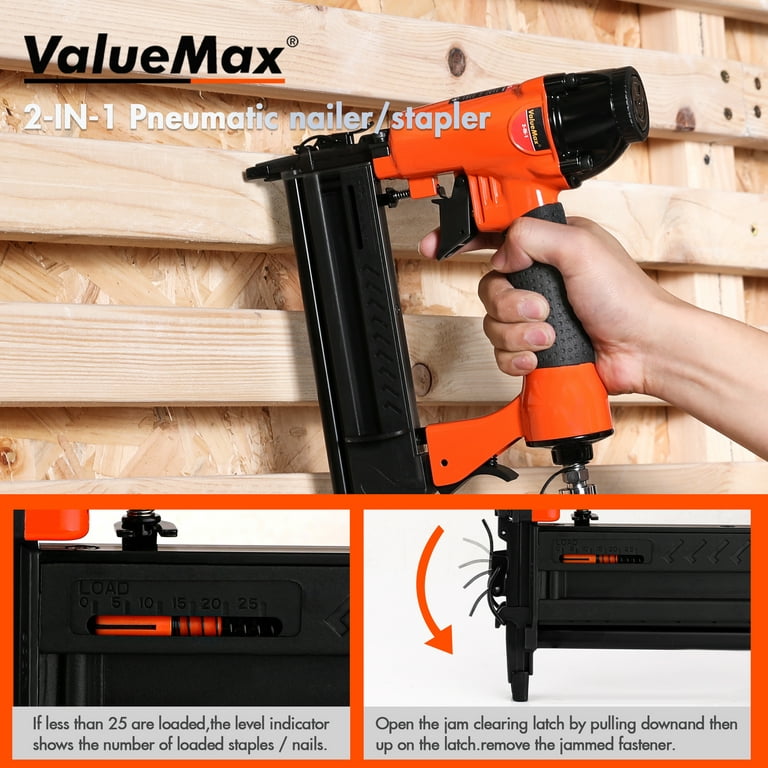 ValueMax 18 Gauge Pneumatic Brad Nailer, 2-in-1 Nail Gun Staple Gun with 1-5/8 inch Staples, 2-5/8 inch Brad Nails, Carrying Case and Safety Glasses