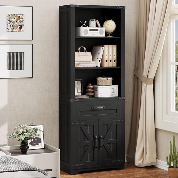 Bookshelf with Storage Cabinet, Farmhouse Bookshelf with Adjustable Shelves Tall Bookcase with Barn Doors and Drawer Freestanding Display Book Shelf for Office Living Room (Black)
