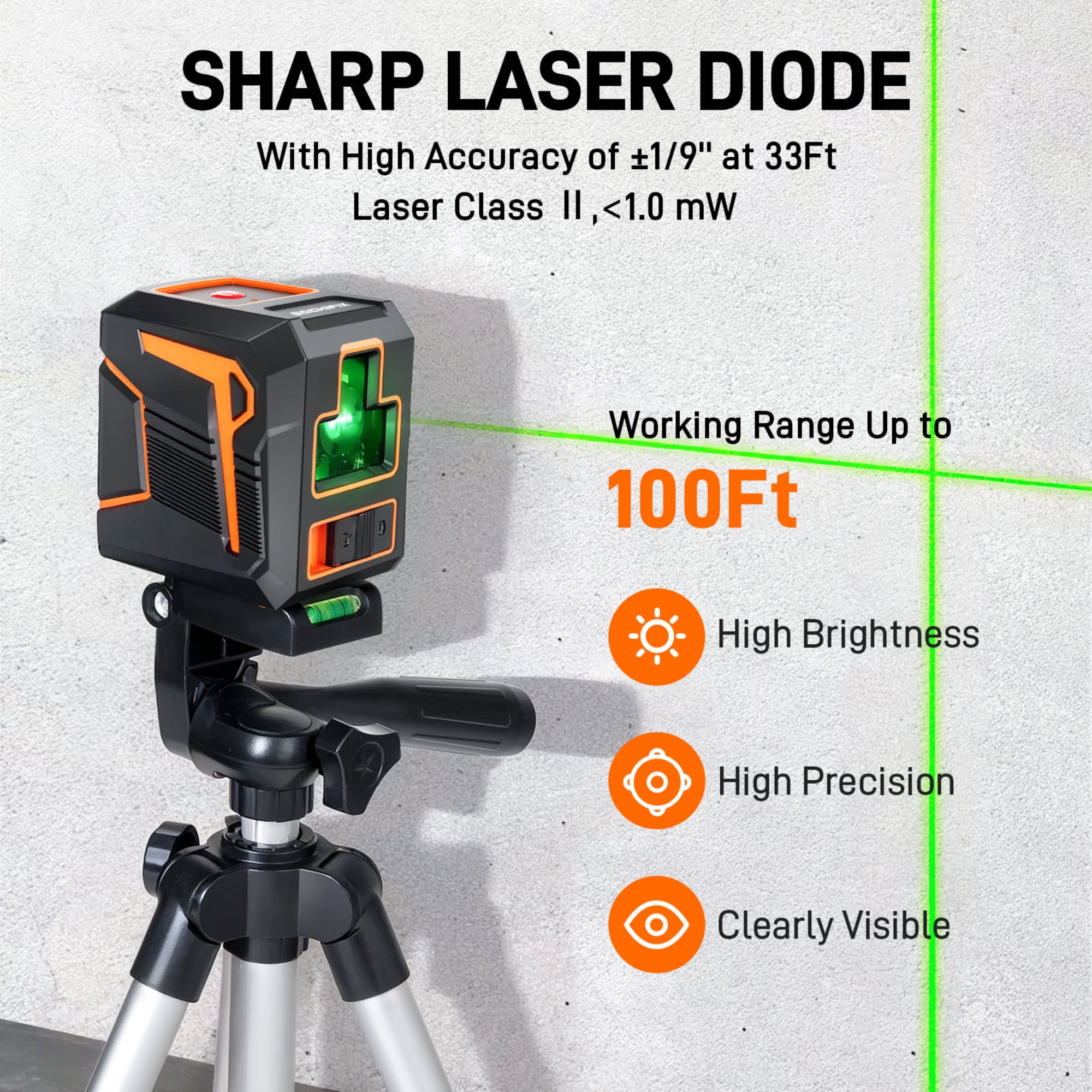 Laser Level, GOCHIFIX 100FT Green Cross Line Laser Level Self Leveling with 360 Degree Rotating Highet Adjustable Tripod,2 AA Batteries and Carry Pouch Included