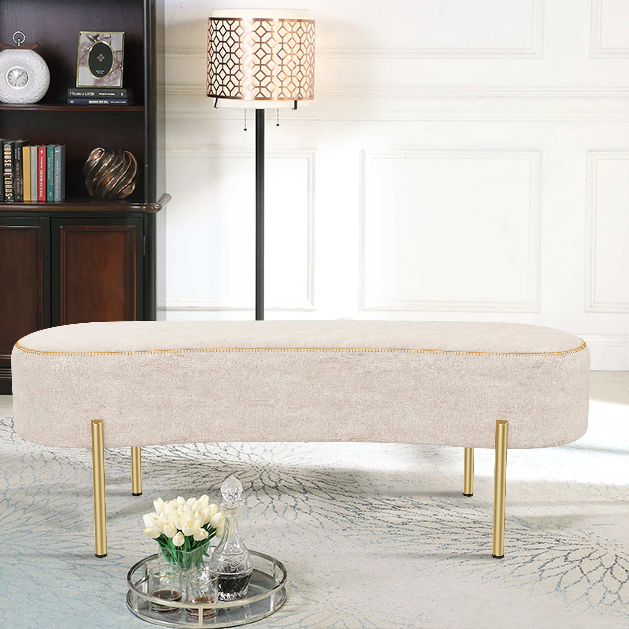 Andeworld Indoor Bench Benches(Beige) Seat Living Upholstered Room Bench Gold Ottoman Bench Bedroom for with Legs,Sitting