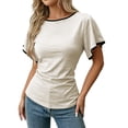 thumbnail image 2 of Cinched Waist Tops for Women Summer Short Sleeve Boat Neck Dressy Casual Blouse Going out Tops Brunch Outfits, 2 of 7