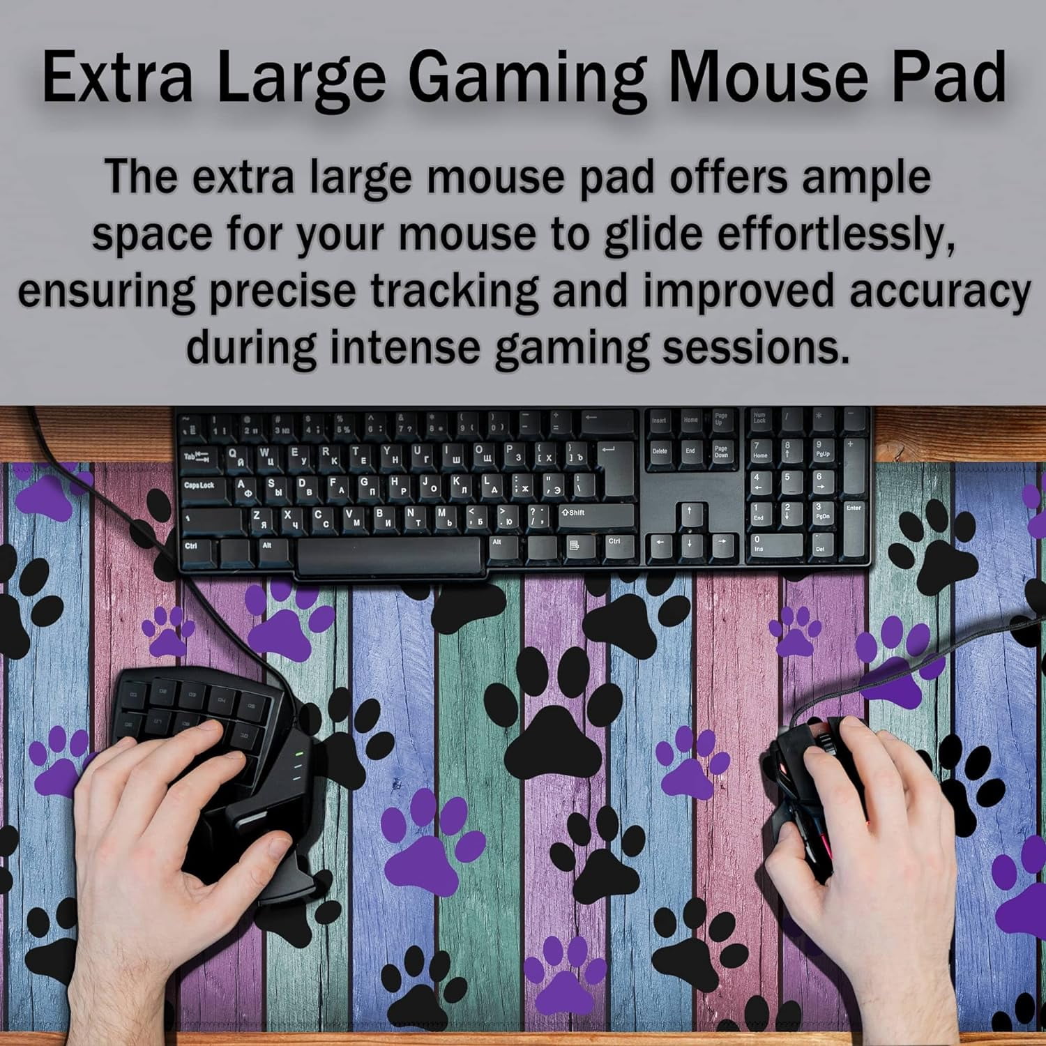 Gaming Mouse Pad Black and Purple, Big Mouse Pads Computer Desk Mat, Work Table Mat Non-Slip Rubber Base Waterproof with Stitched Edges, 35.4 X 15.7 inch for Work/Game/Office/Home Dog Paw