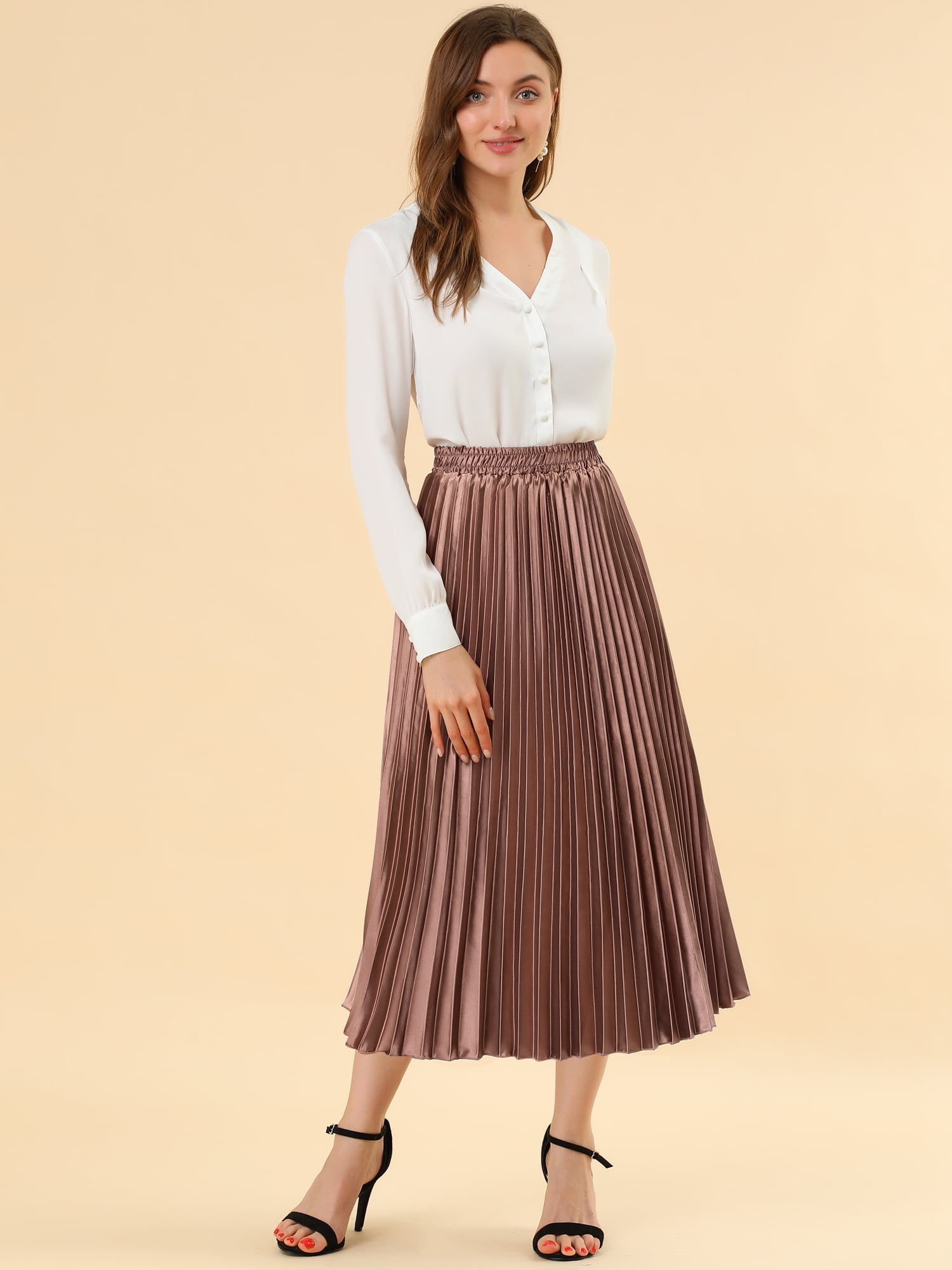 DARING DIVA Women's Midi Length Elastic High Waisted Pleated Skirt 2XL Copper