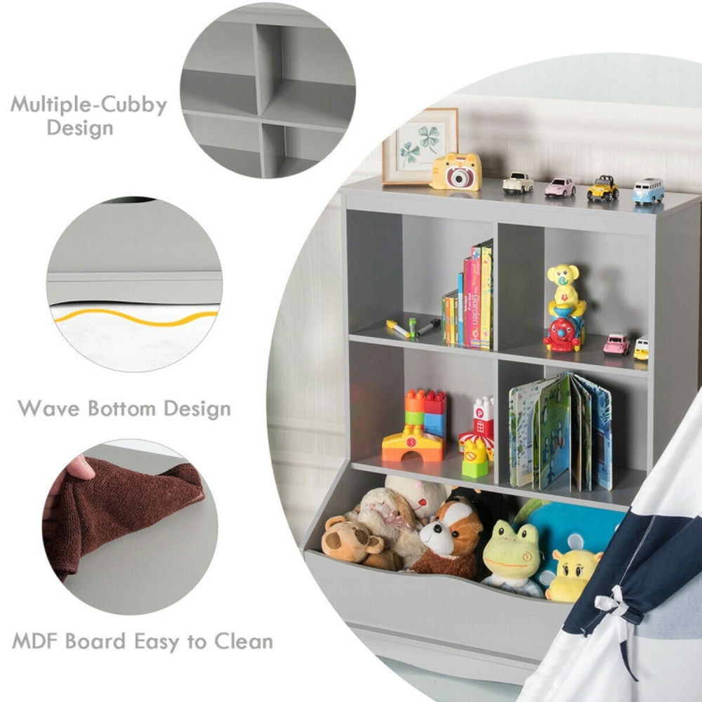Topcobe 3-Tier Children's Multi-Functional Bookcase Toy Storage Bin Floor Cabinet, Kids Toy Storage Organizer-Gray