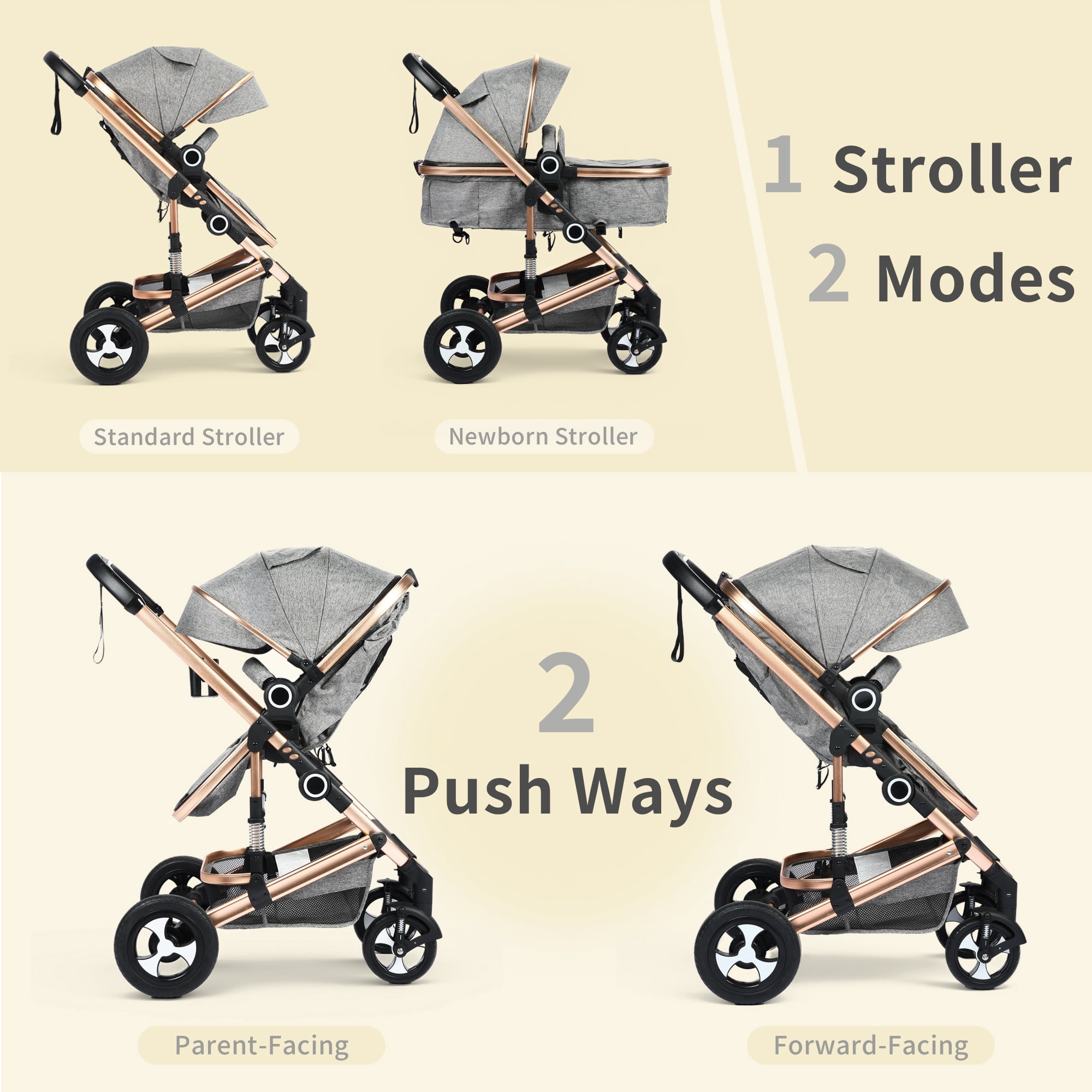 AILEEKISS 3-in-1 Convertible Baby Stroller with Big Seat and Adjustable Canopy, 24 Pounds, Rose Gold