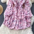thumbnail image 3 of YM YOUMU Women Summer Deep V Neck Ruffle Long Puff Sleeve Floral Mini Dress, 3 of 4