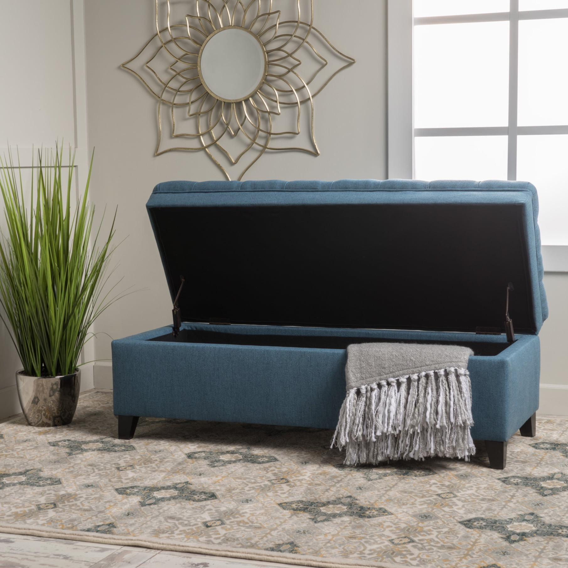 50" Storage Ottoman, Storage Ottoman Bench with Wooden Legs and Safety Hinge, Tufted Entryway Bedroom Bench, Holds up to 330 lb, for Living Room, Bedroom, Dark Blue
