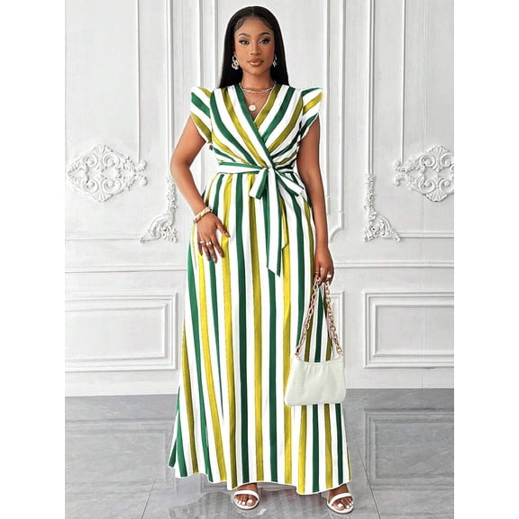 Green Plus Size Women V-Neck Wrap Maxi Dress With Butterfly Sleeves And Self-Tie Belt